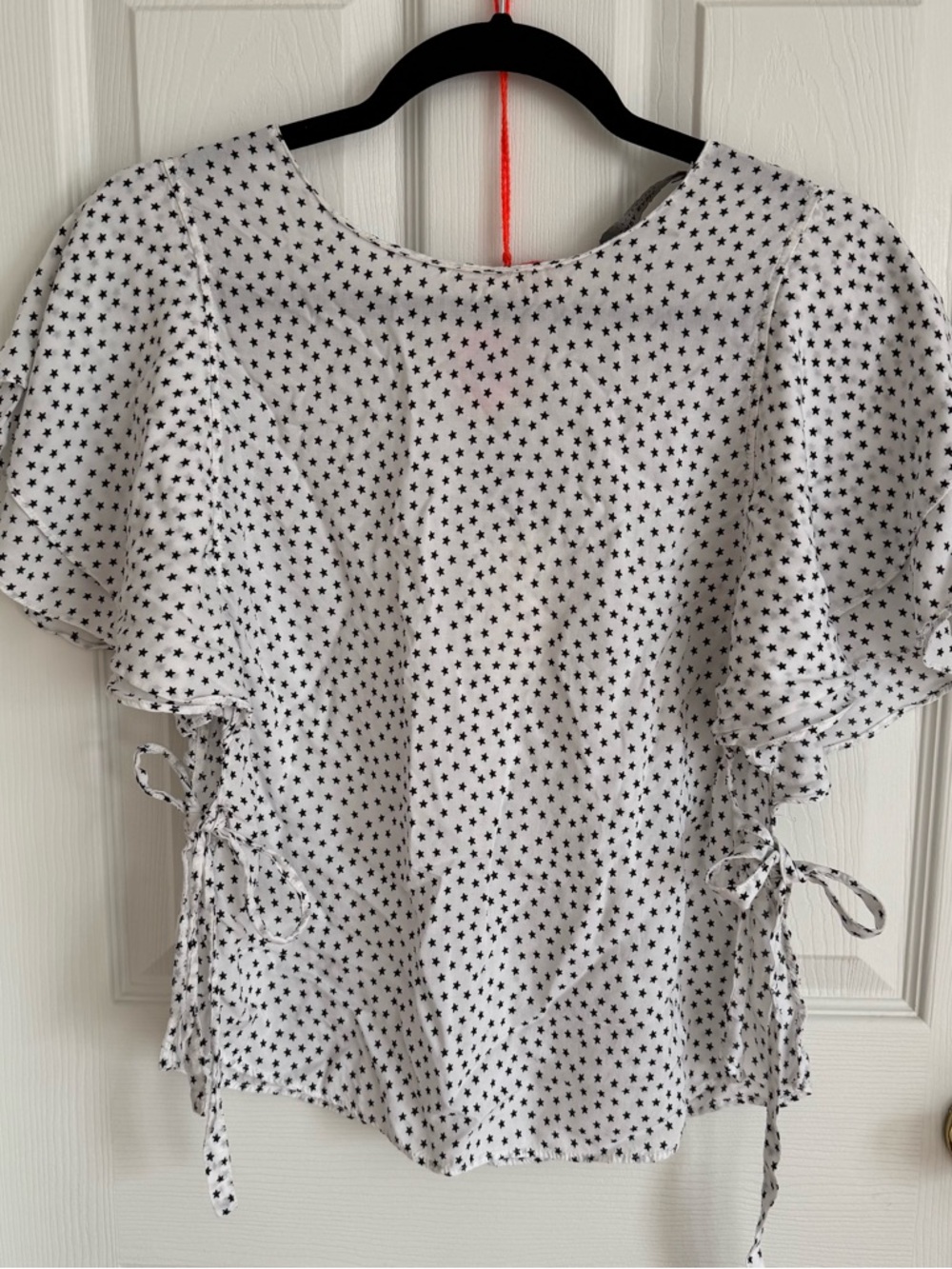 Zara White Star Print Flutter Short Sleeve Tie-Side Blouse